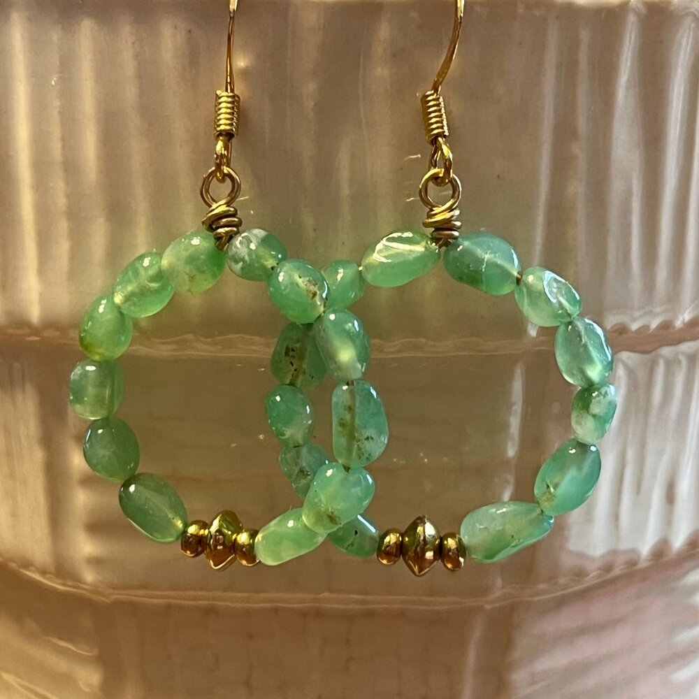 Gemstone Beaded Hoop Earrings | Chrysoprase Green Dangle Earrings - Picture 5 of 7